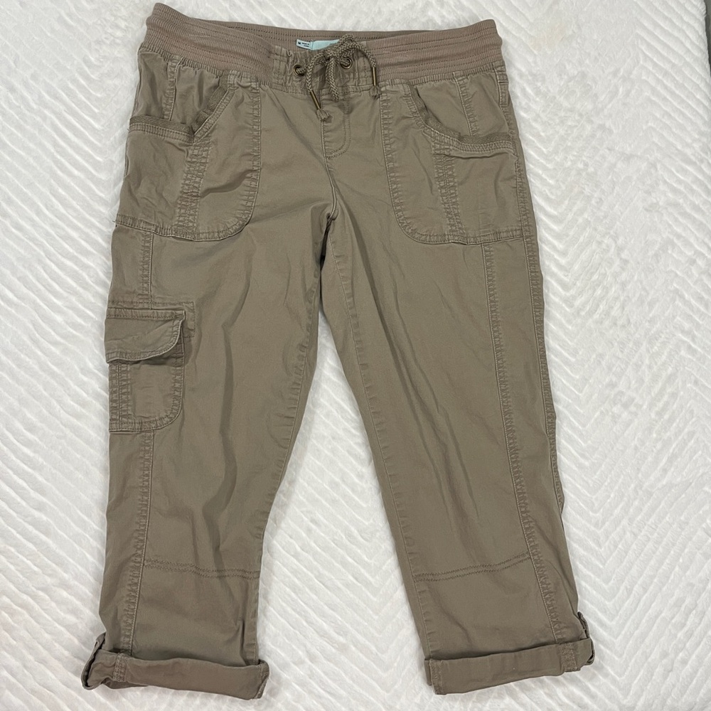 Maurice Tan Capri Cropped Pants Elastic Ribbed Waistband Size medium cotton - Picture 2 of 10